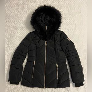 Guess Faux Fur Trim Hooded Puffer Coat